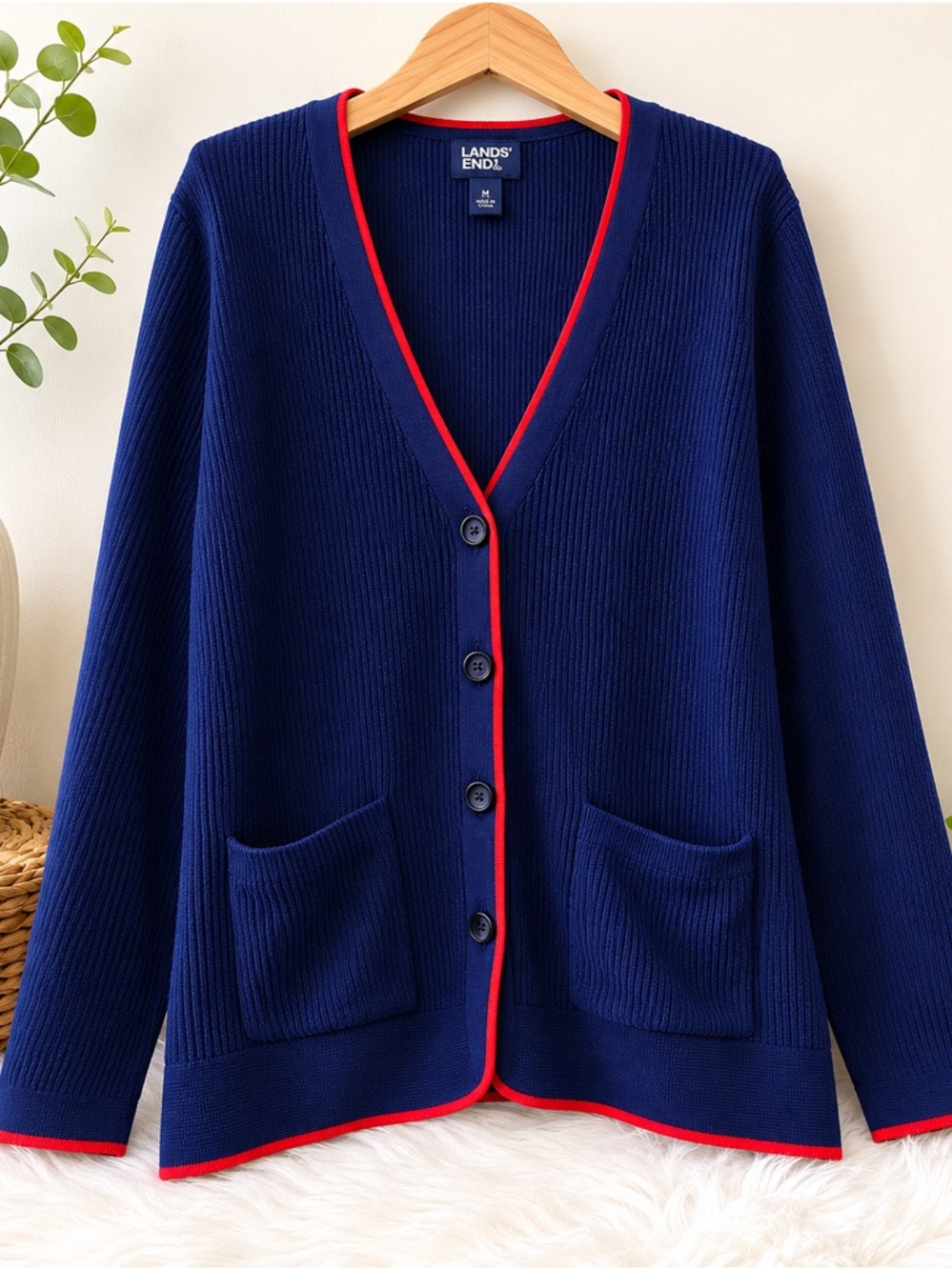 Lands’ End 100% Cotton Navy Cardigan Sweater Red Contrast Trim Pockets Size M